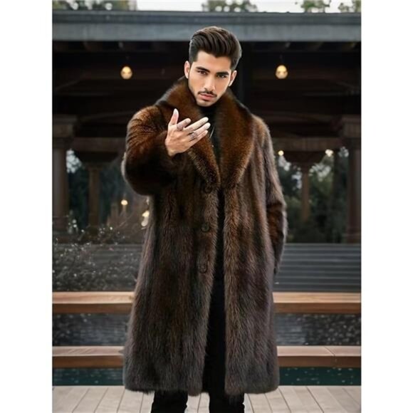 Men's Faux Fur Coat Winter Long Faux Mink Coat Fluffy Thick Trench Coat - Picture 3 of 6